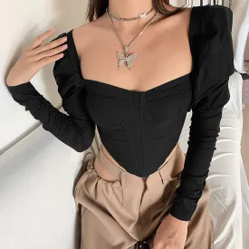 Spring T Shirts For Women Square Collar Long Sleeve Patchwork Folds Pullover Minimalist Loose T Shirt Female