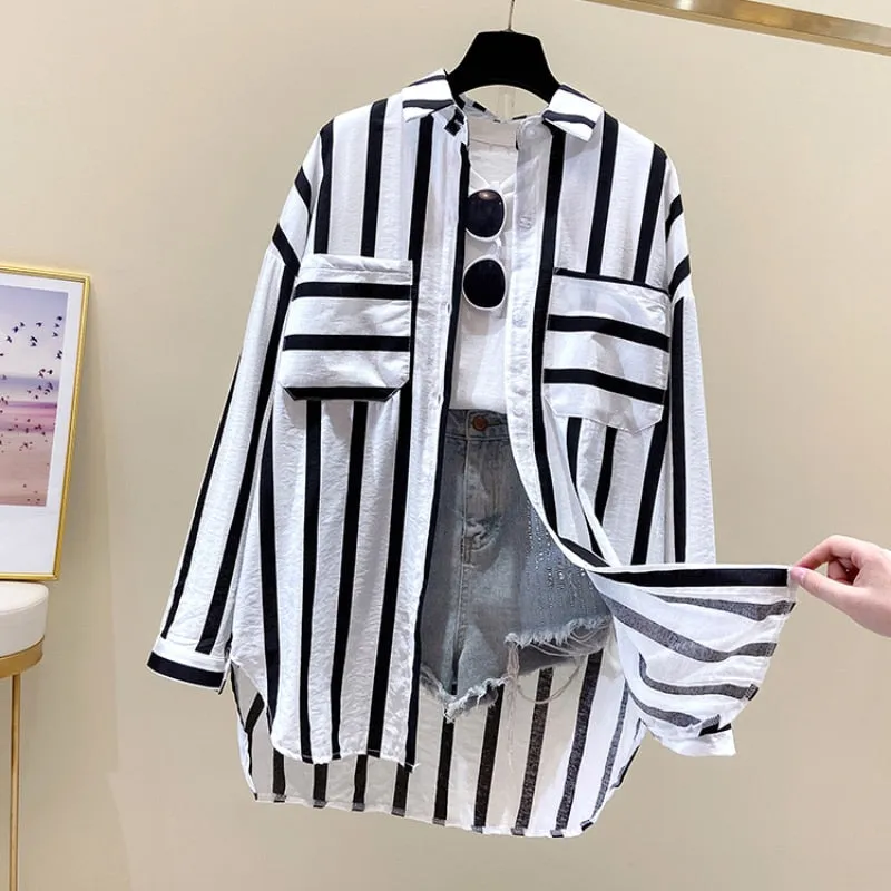 Sweet Women Shirts Summer Fashion Striped Pocket Long Sleeve Loose Button Up Shirt Korean Causal Beach Holiday Pocket Tops