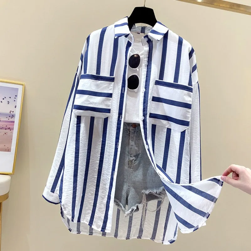Sweet Women Shirts Summer Fashion Striped Pocket Long Sleeve Loose Button Up Shirt Korean Causal Beach Holiday Pocket Tops
