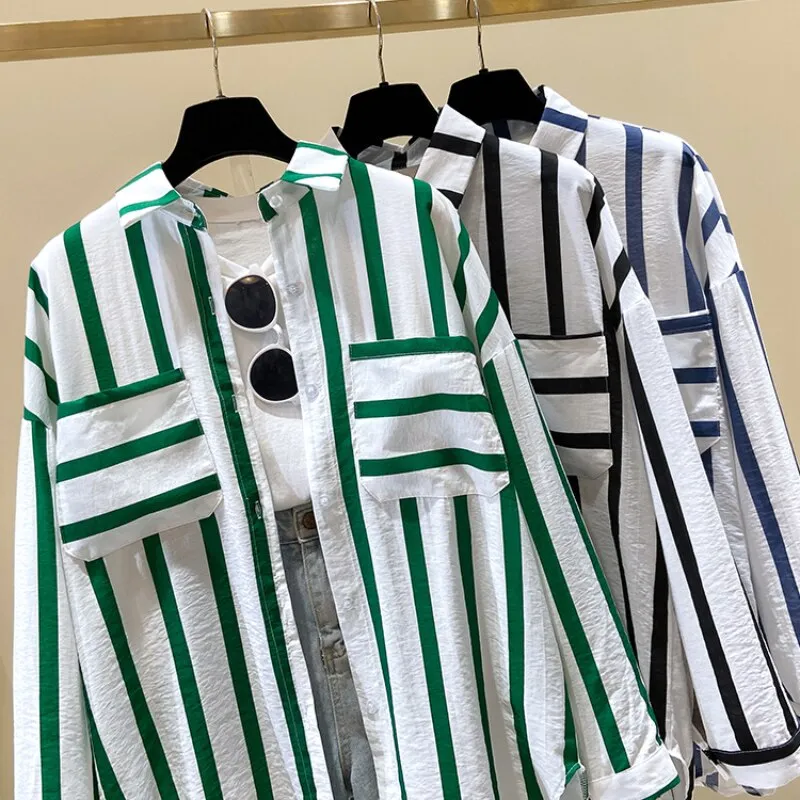 Sweet Women Shirts Summer Fashion Striped Pocket Long Sleeve Loose Button Up Shirt Korean Causal Beach Holiday Pocket Tops