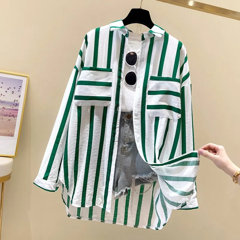 Sweet Women Shirts Summer Fashion Striped Pocket Long Sleeve Loose Button Up Shirt Korean Causal Beach Holiday Pocket Tops