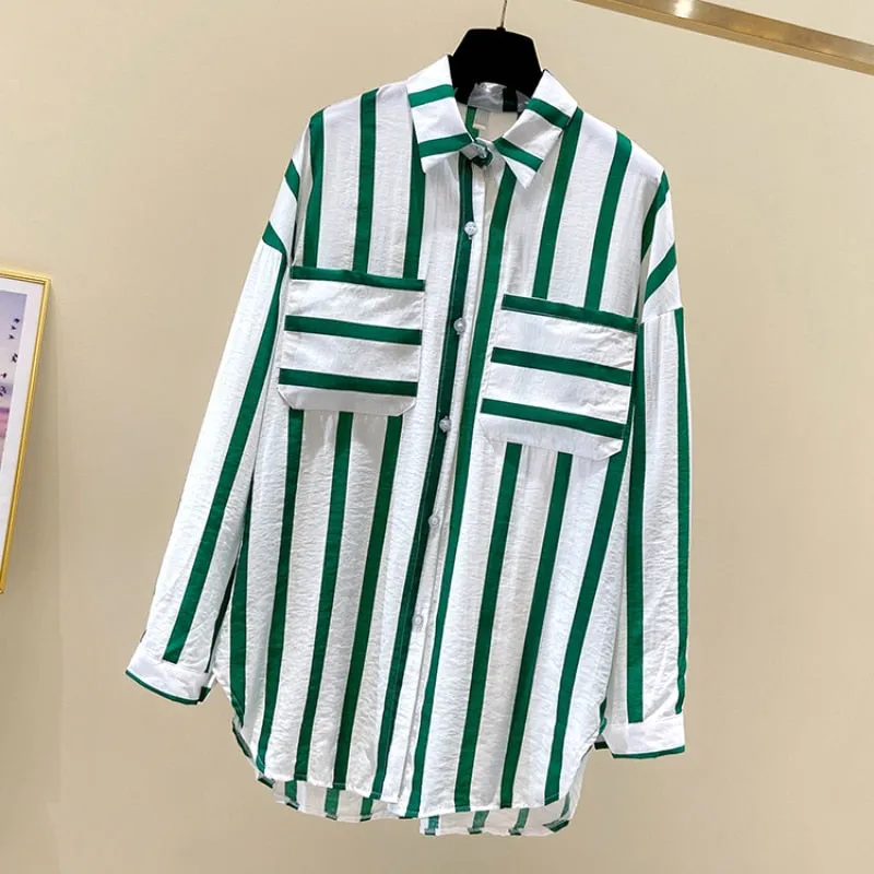 Sweet Women Shirts Summer Fashion Striped Pocket Long Sleeve Loose Button Up Shirt Korean Causal Beach Holiday Pocket Tops