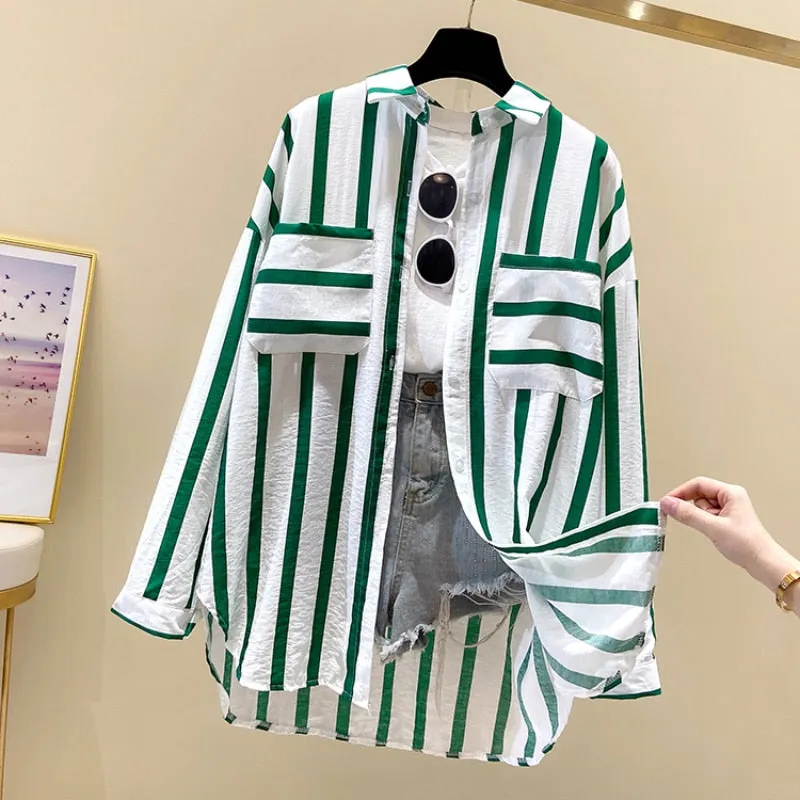 Sweet Women Shirts Summer Fashion Striped Pocket Long Sleeve Loose Button Up Shirt Korean Causal Beach Holiday Pocket Tops