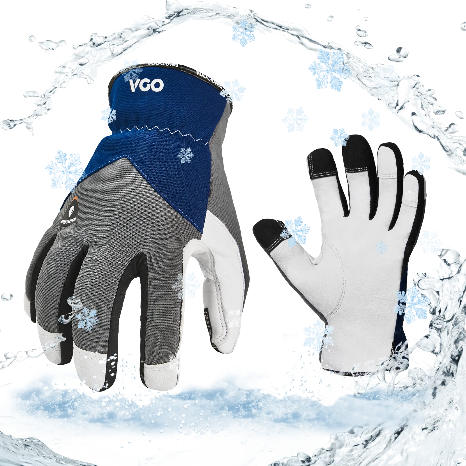 VGO 1 Pair 0℃/32°F Winter Leather Work Gloves, Cold Weather Waterproof Safety Work Gloves,Cold Storage or Freezer Use,with 3M Thinsulate Lining (Grey, GA7711FW)