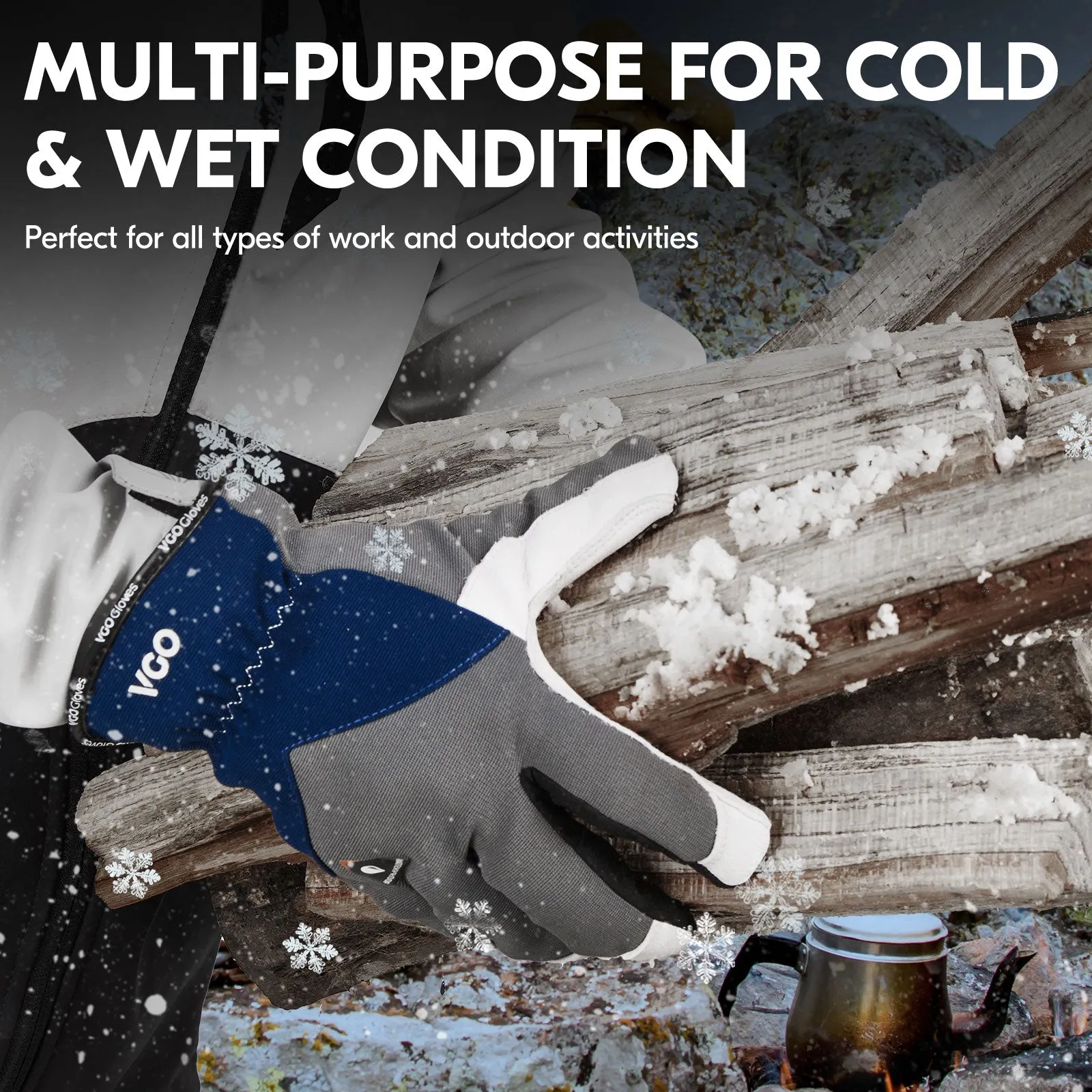 VGO 1 Pair 0℃/32°F Winter Leather Work Gloves, Cold Weather Waterproof Safety Work Gloves,Cold Storage or Freezer Use,with 3M Thinsulate Lining (Grey, GA7711FW)