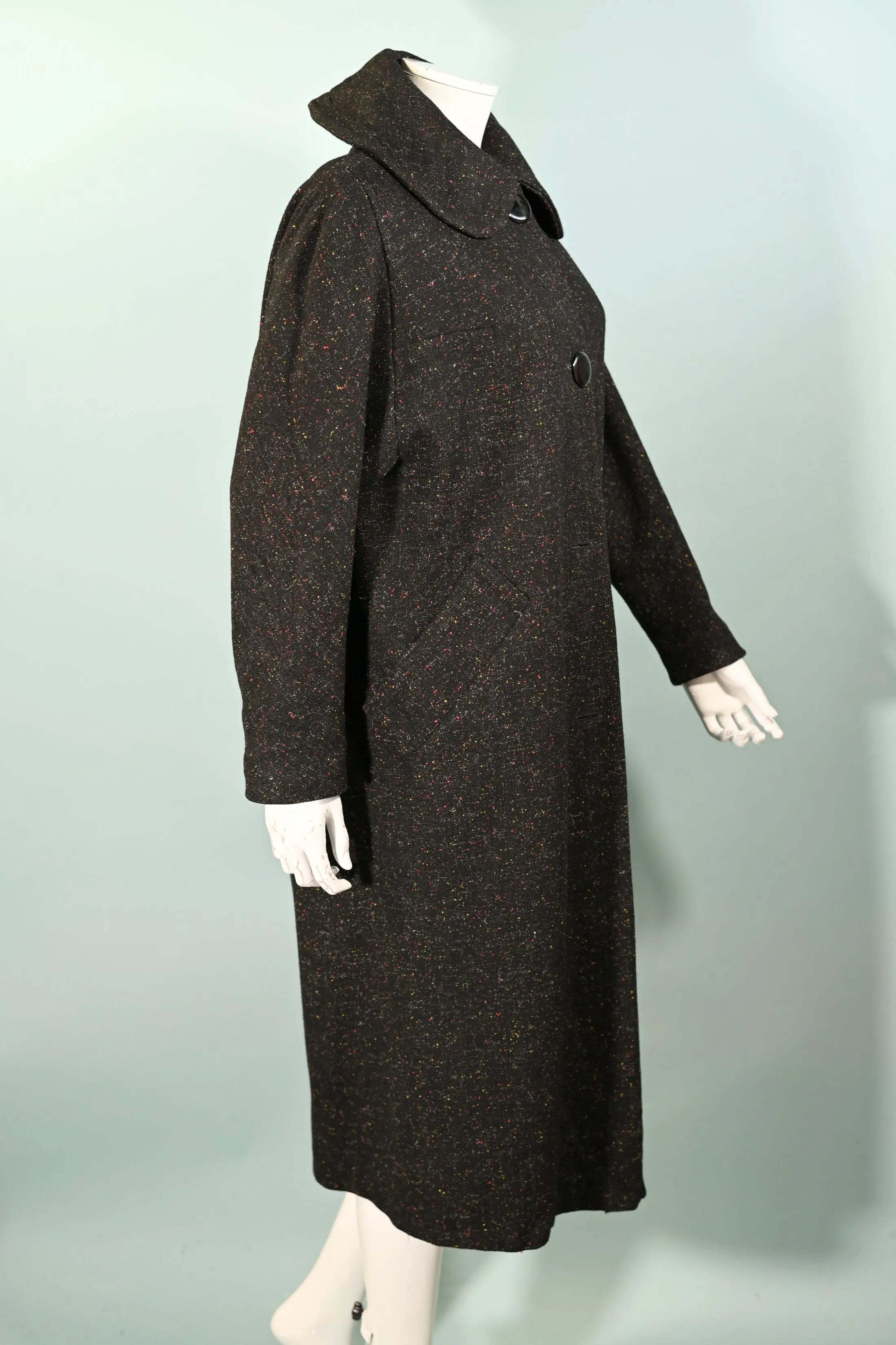 Vintage 50s Black Flecked Wool Coat, Relaxed Fit L/XL