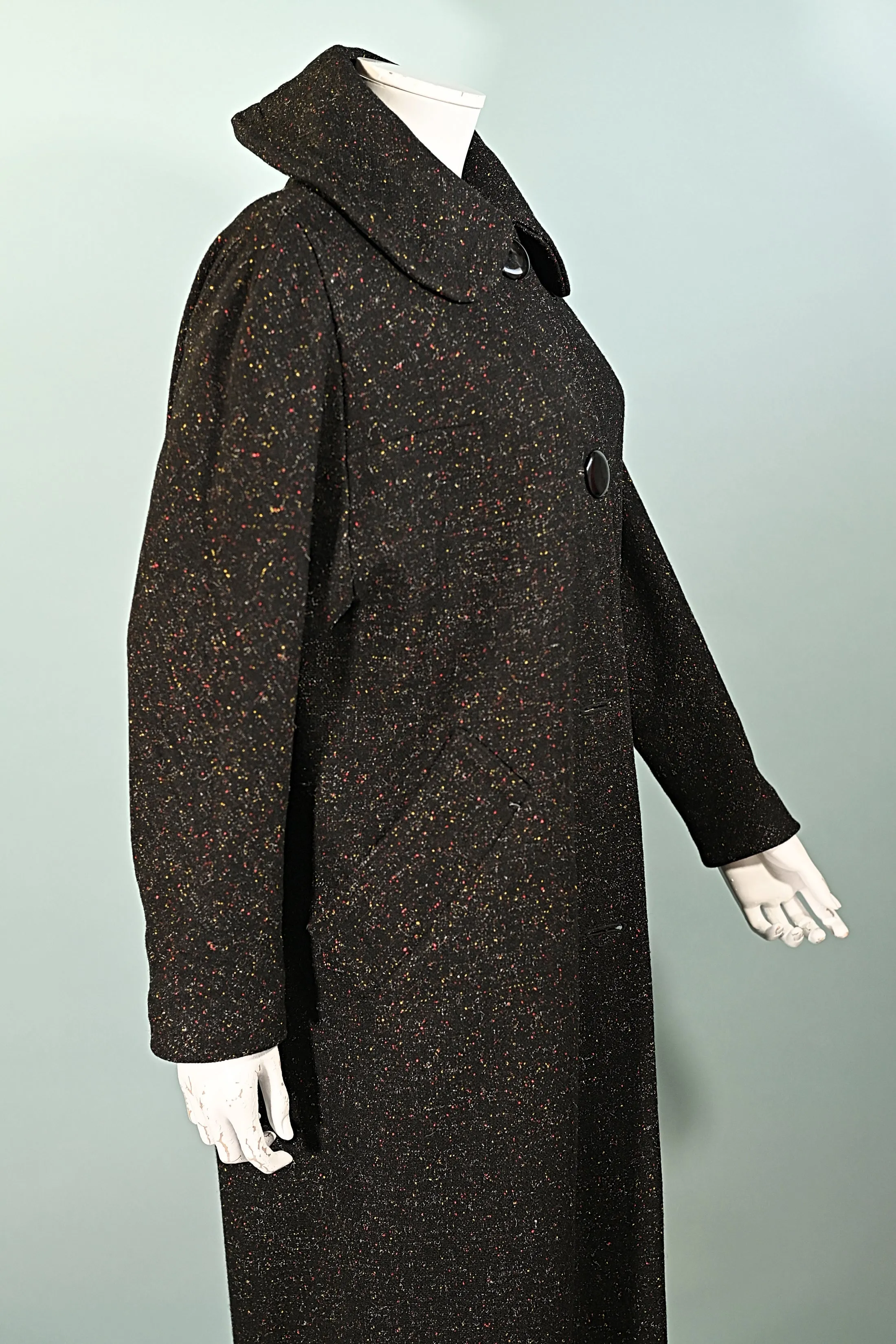 Vintage 50s Black Flecked Wool Coat, Relaxed Fit L/XL
