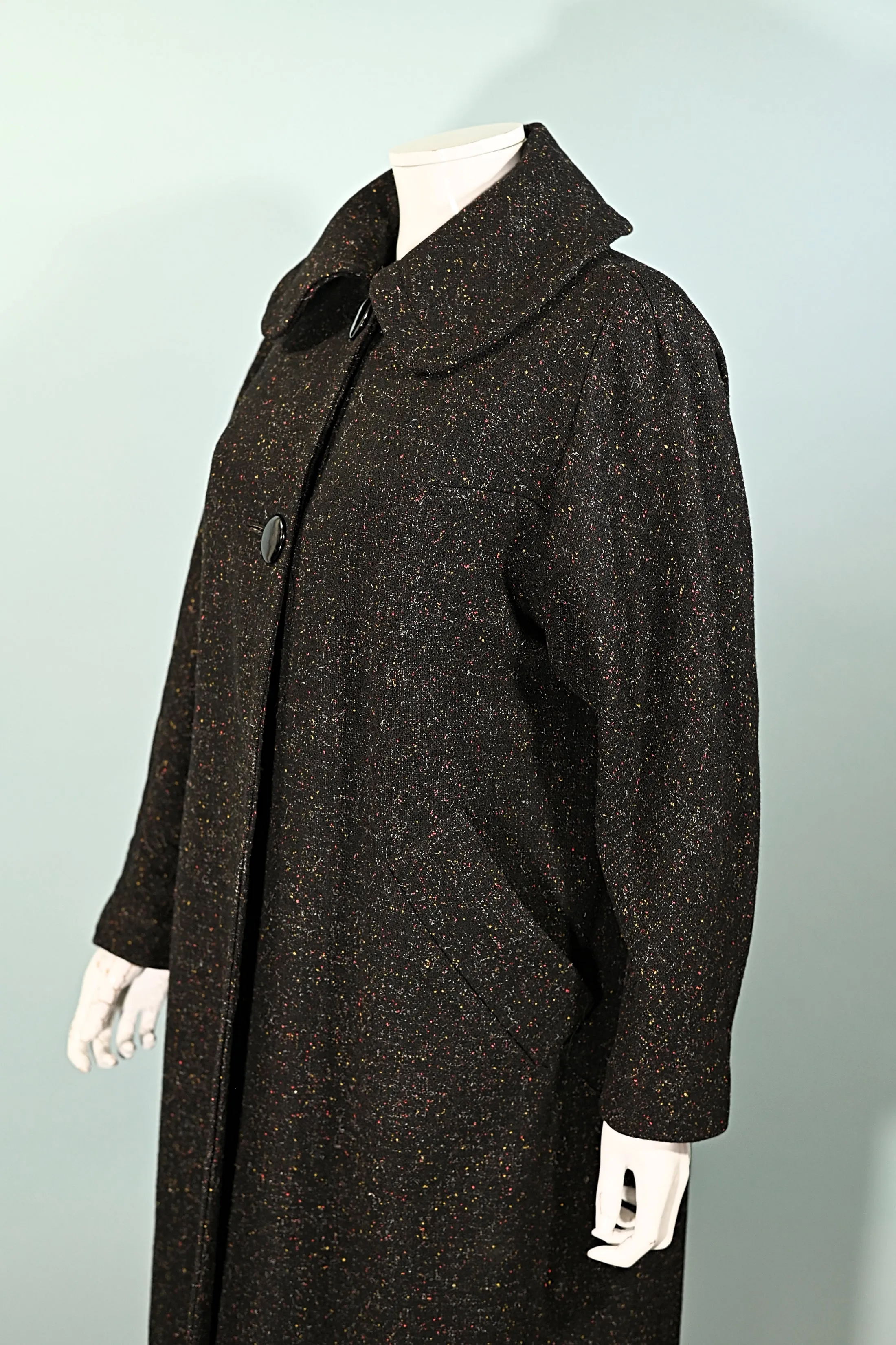 Vintage 50s Black Flecked Wool Coat, Relaxed Fit L/XL