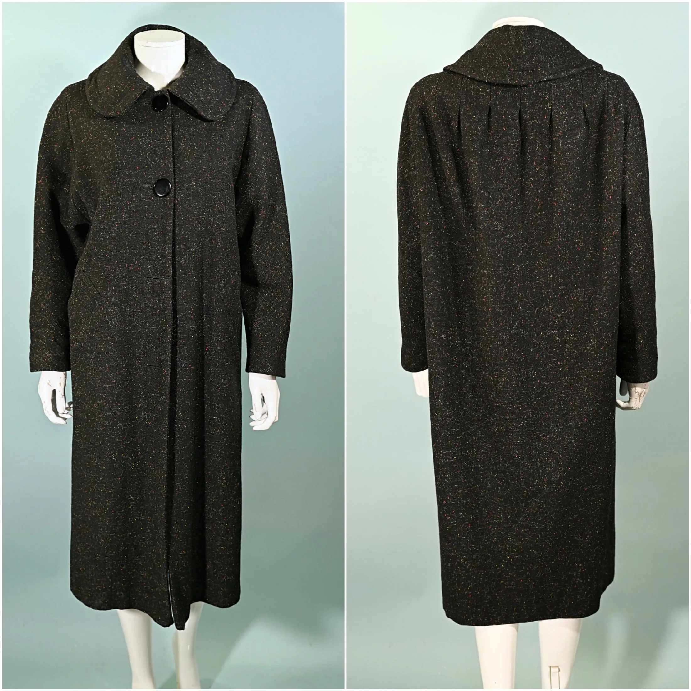 Vintage 50s Black Flecked Wool Coat, Relaxed Fit L/XL