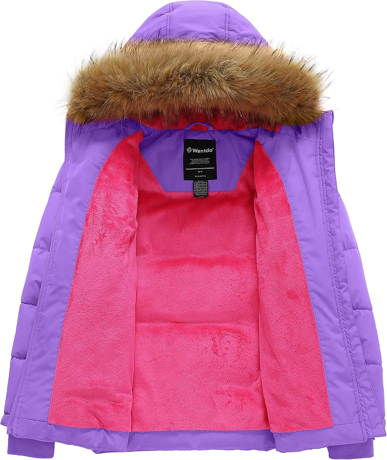 wantdo Girls' Winter Coat Warm Waterproof Puffer Jacket with Removable Faux Fur Hood