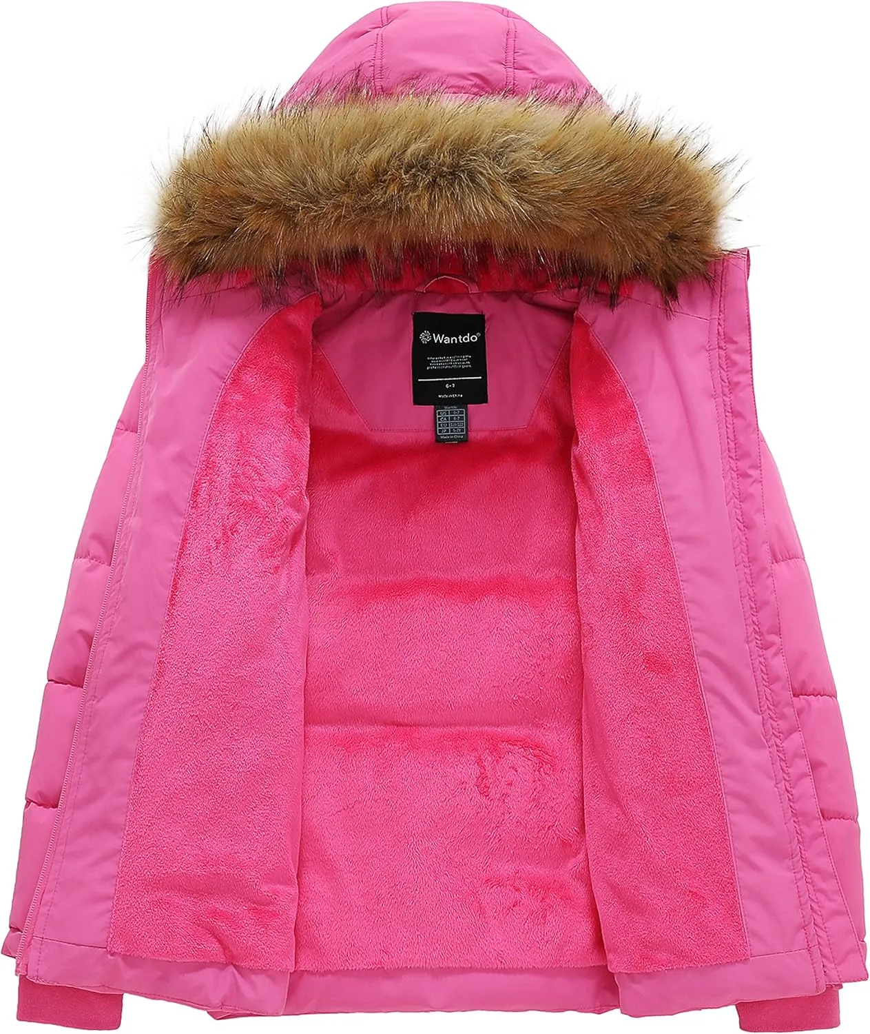 wantdo Girls' Winter Coat Warm Waterproof Puffer Jacket with Removable Faux Fur Hood