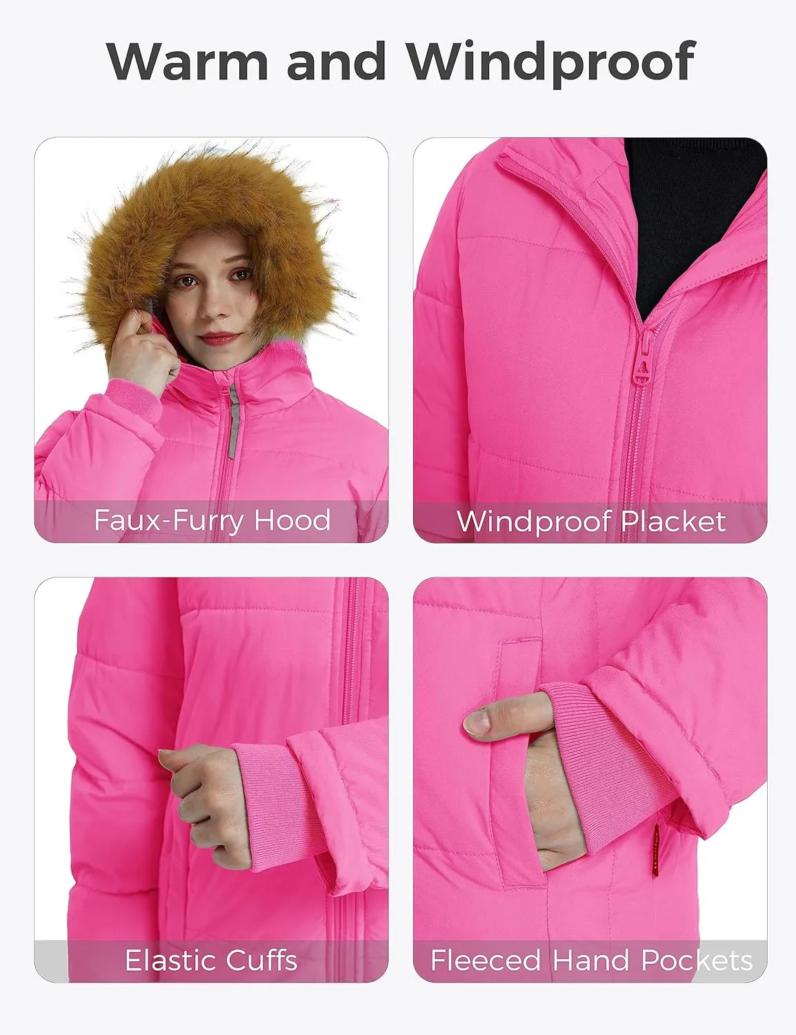wantdo Girls' Winter Coat Warm Waterproof Puffer Jacket with Removable Faux Fur Hood
