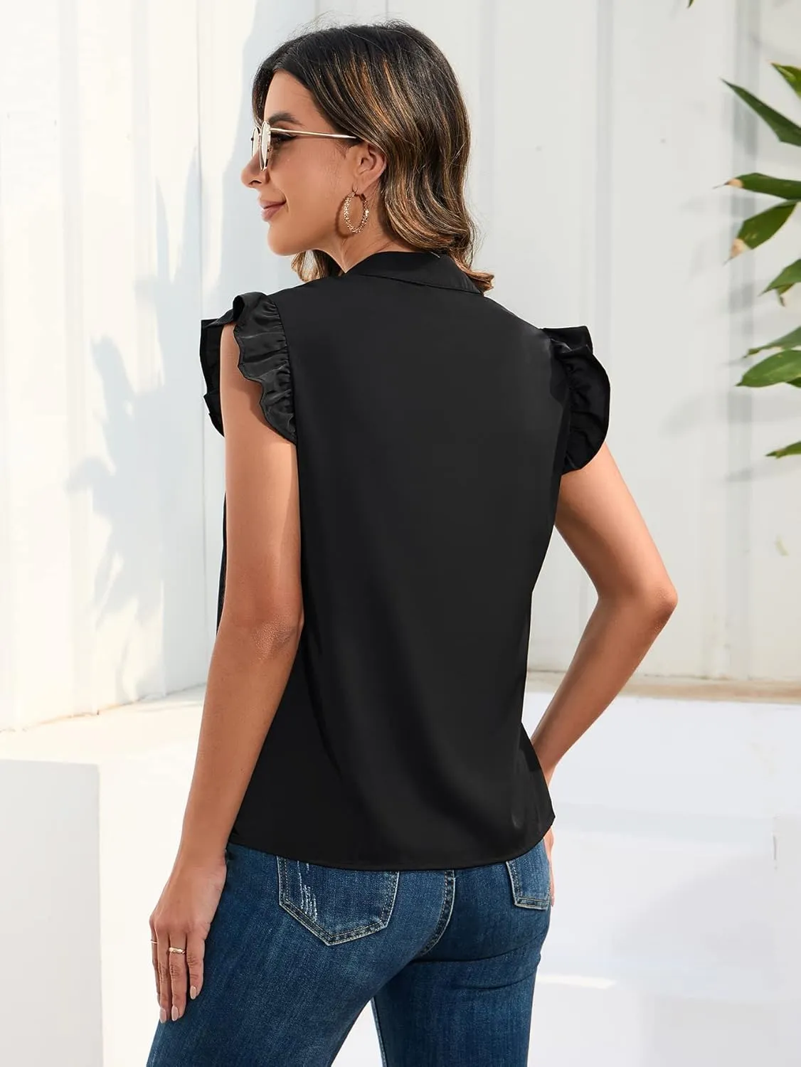 WDIRARA Women's Floral Embroidery Round Neck Ruffle Cap Sleeve Top Summer Casual Blouse