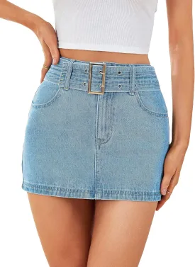 WDIRARA Women's High Waist Bodycon Mini Denim Skirt Summer Casual Short Skirts with Grommet Eyelet Belt