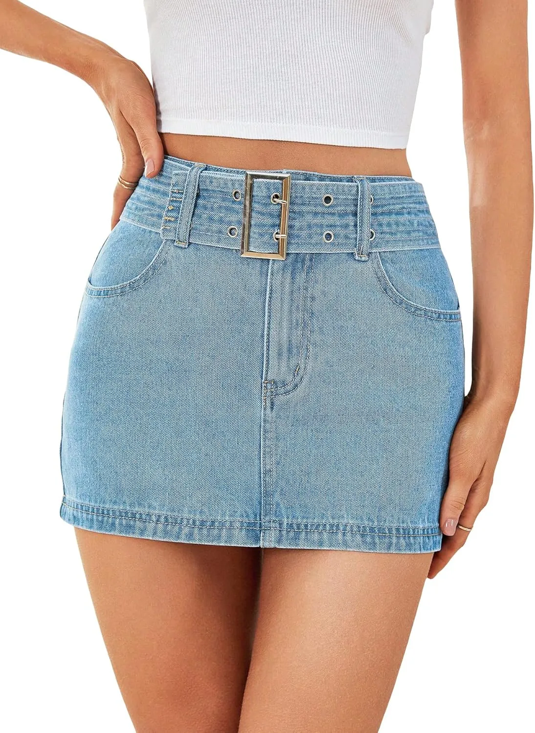 WDIRARA Women's High Waist Bodycon Mini Denim Skirt Summer Casual Short Skirts with Grommet Eyelet Belt