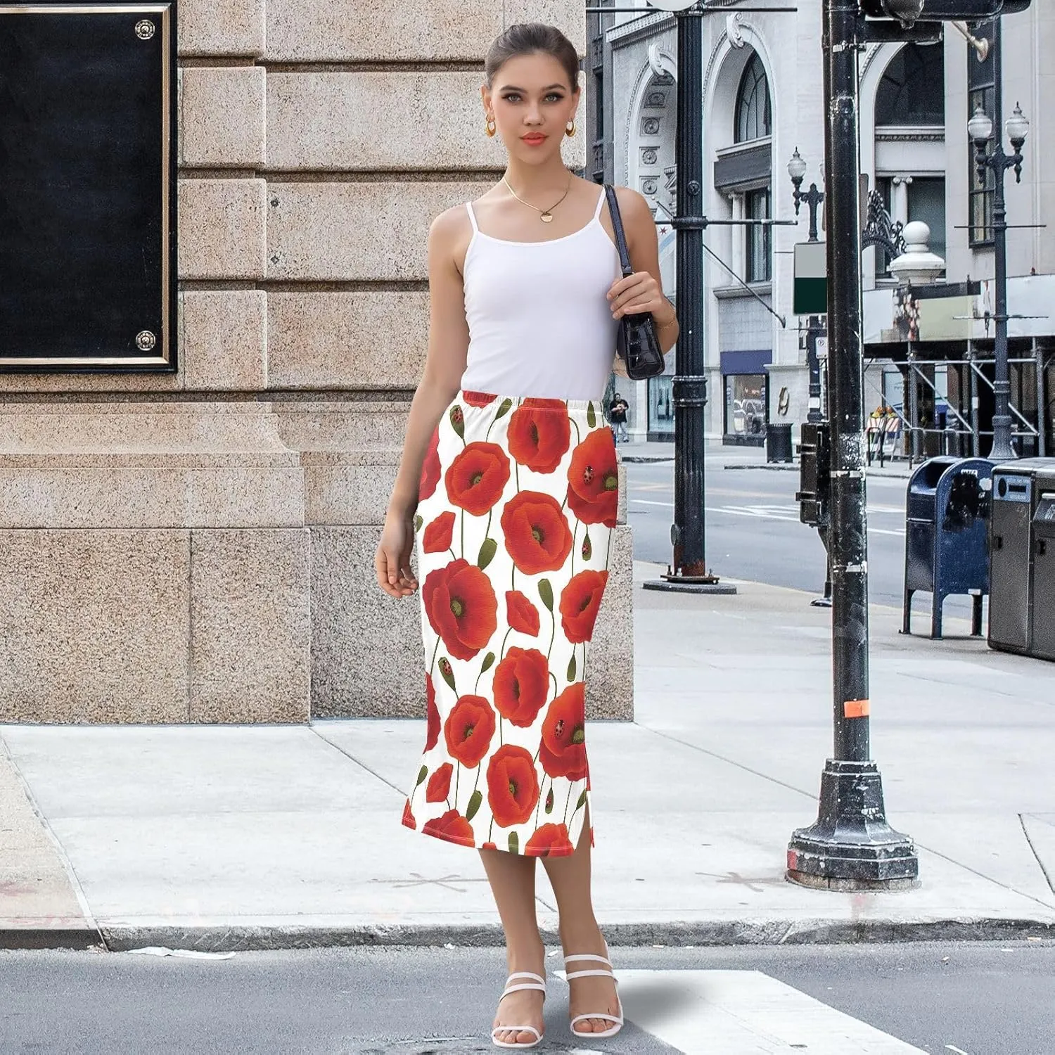 Women Midi Skirt Weekend Casual Side Slit Summer Skirt S-XXL