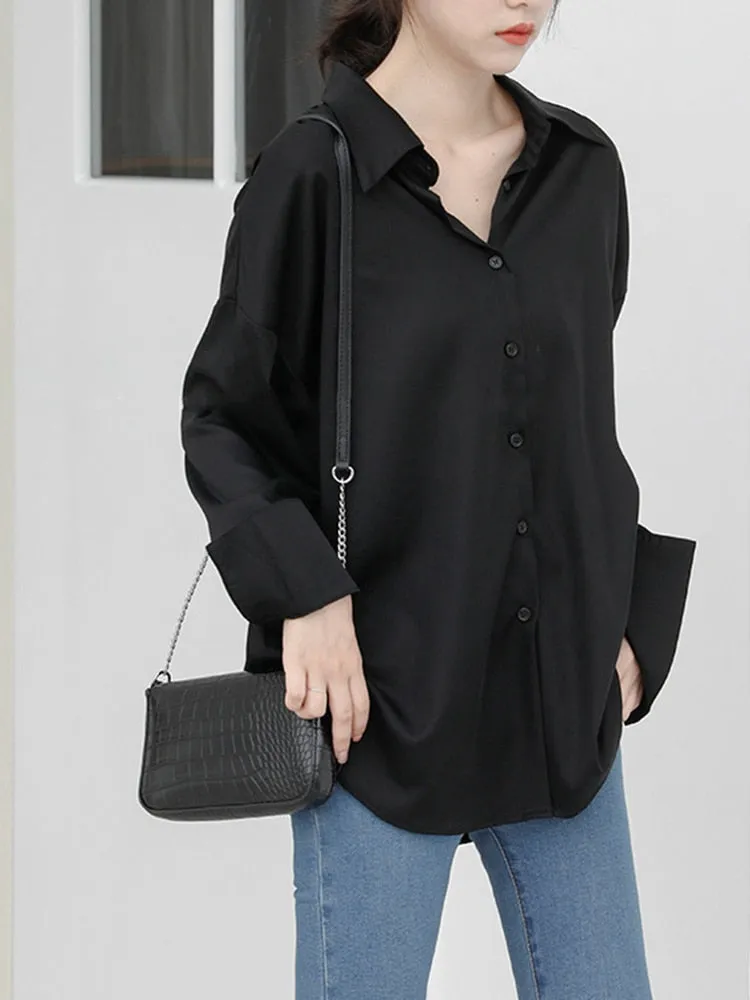 Women Shirts Fashion Korean Button Up Long Sleeve Spring Loose Elegant Ladies Blouse Black Solid Fall Tops