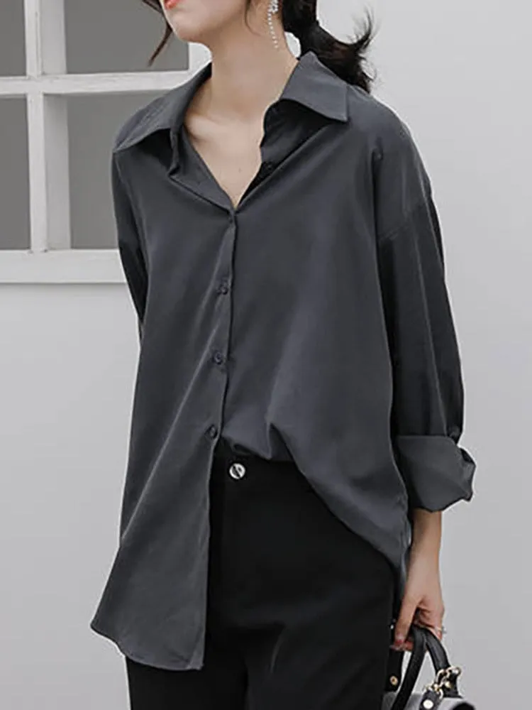 Women Shirts Fashion Korean Button Up Long Sleeve Spring Loose Elegant Ladies Blouse Black Solid Fall Tops
