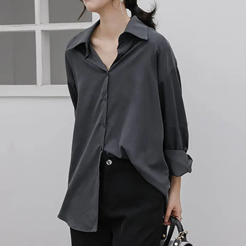 Women Shirts Fashion Korean Button Up Long Sleeve Spring Loose Elegant Ladies Blouse Black Solid Fall Tops
