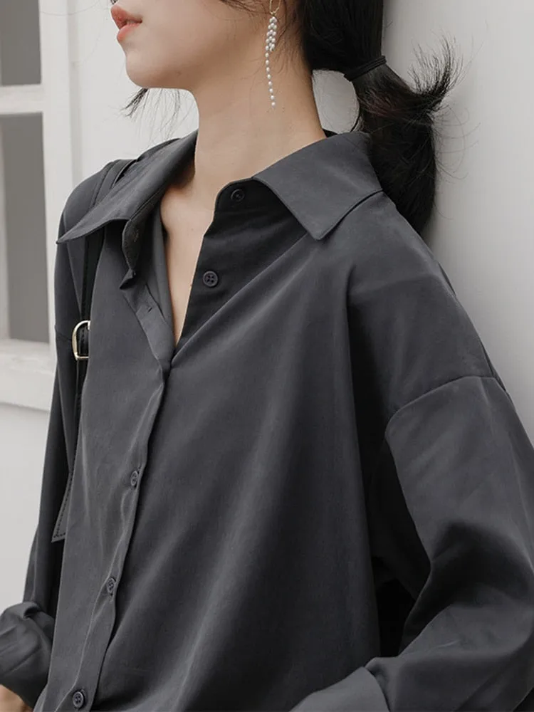 Women Shirts Fashion Korean Button Up Long Sleeve Spring Loose Elegant Ladies Blouse Black Solid Fall Tops