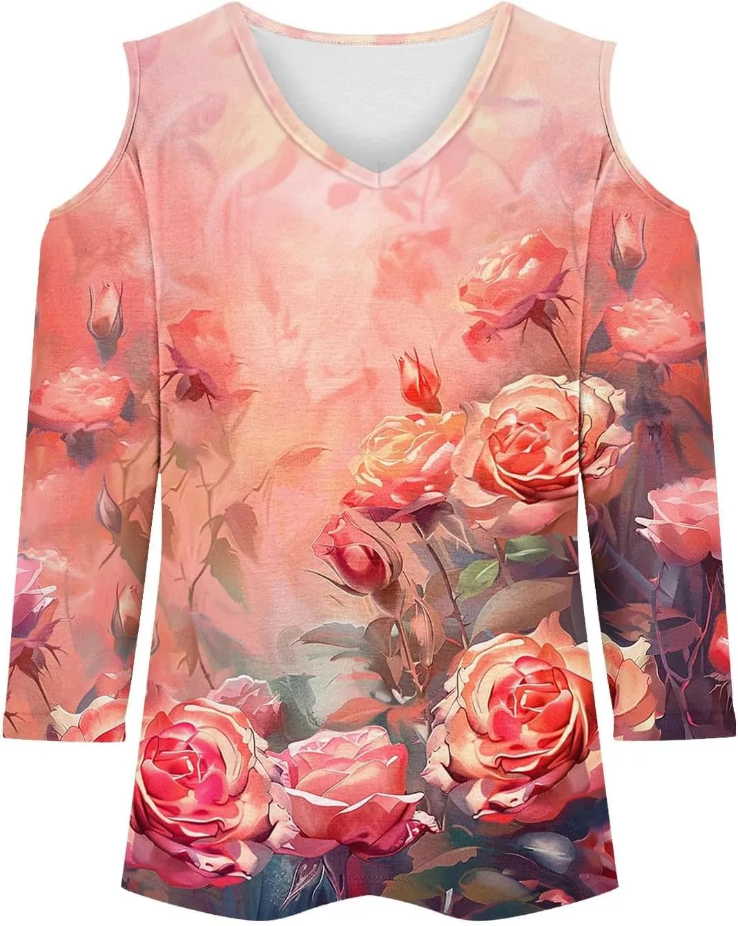 Womens 3/4 Sleeve Cold Shoulder Tops V Neck Vintage Floral Shirts Casual Shirts Dressy Blouse Trendy Tshirts Cute Tees