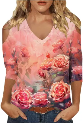 Womens 3/4 Sleeve Cold Shoulder Tops V Neck Vintage Floral Shirts Casual Shirts Dressy Blouse Trendy Tshirts Cute Tees