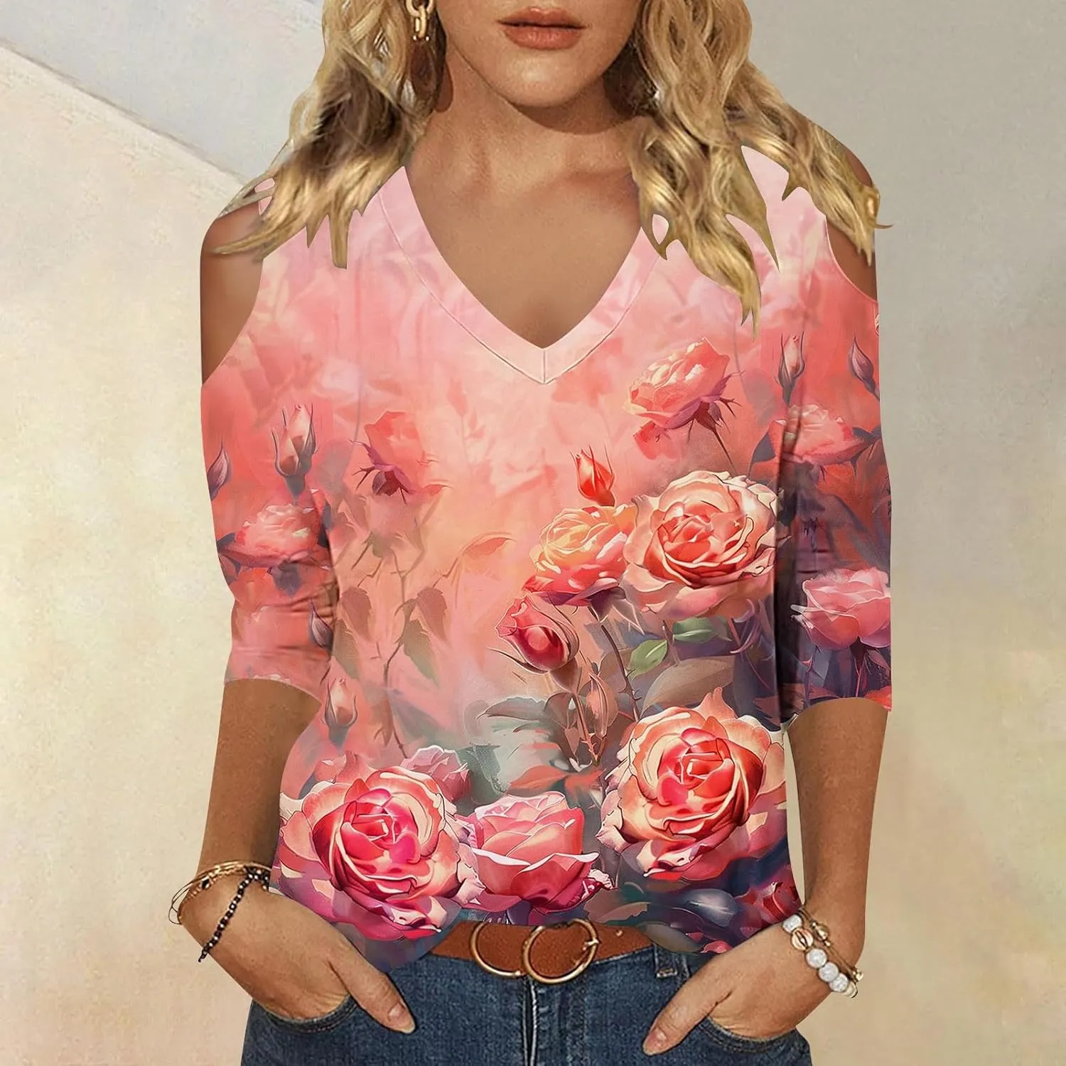 Womens 3/4 Sleeve Cold Shoulder Tops V Neck Vintage Floral Shirts Casual Shirts Dressy Blouse Trendy Tshirts Cute Tees