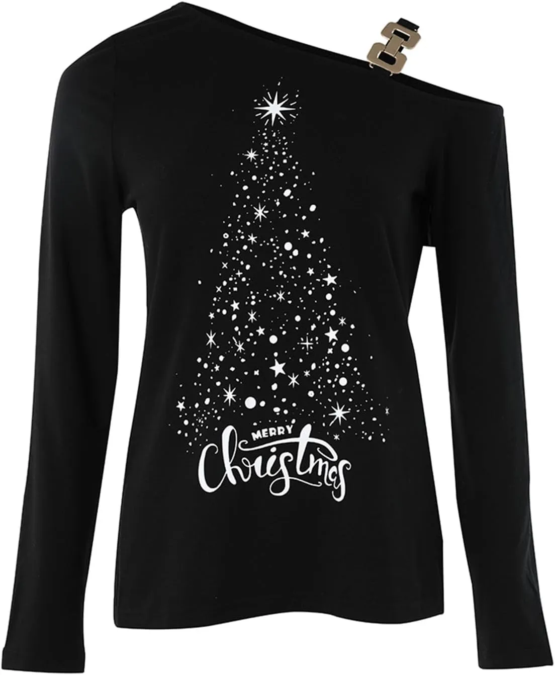 Womens Christmas Cold Shoulder Tops Long Sleeve Oversized Off Shoulder T-Shirt Cute Tree Snowflake Print Tunic Top