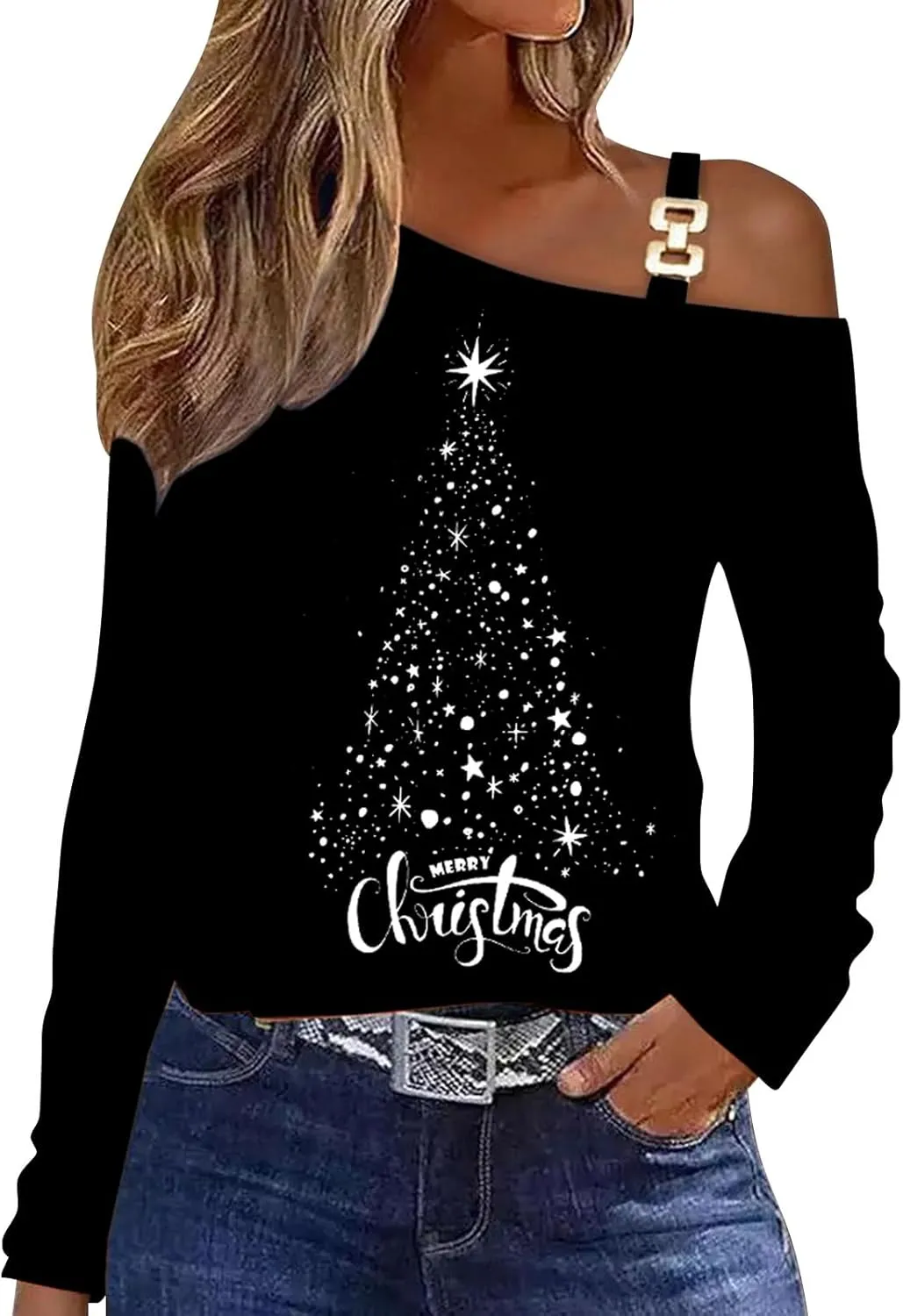 Womens Christmas Cold Shoulder Tops Long Sleeve Oversized Off Shoulder T-Shirt Cute Tree Snowflake Print Tunic Top