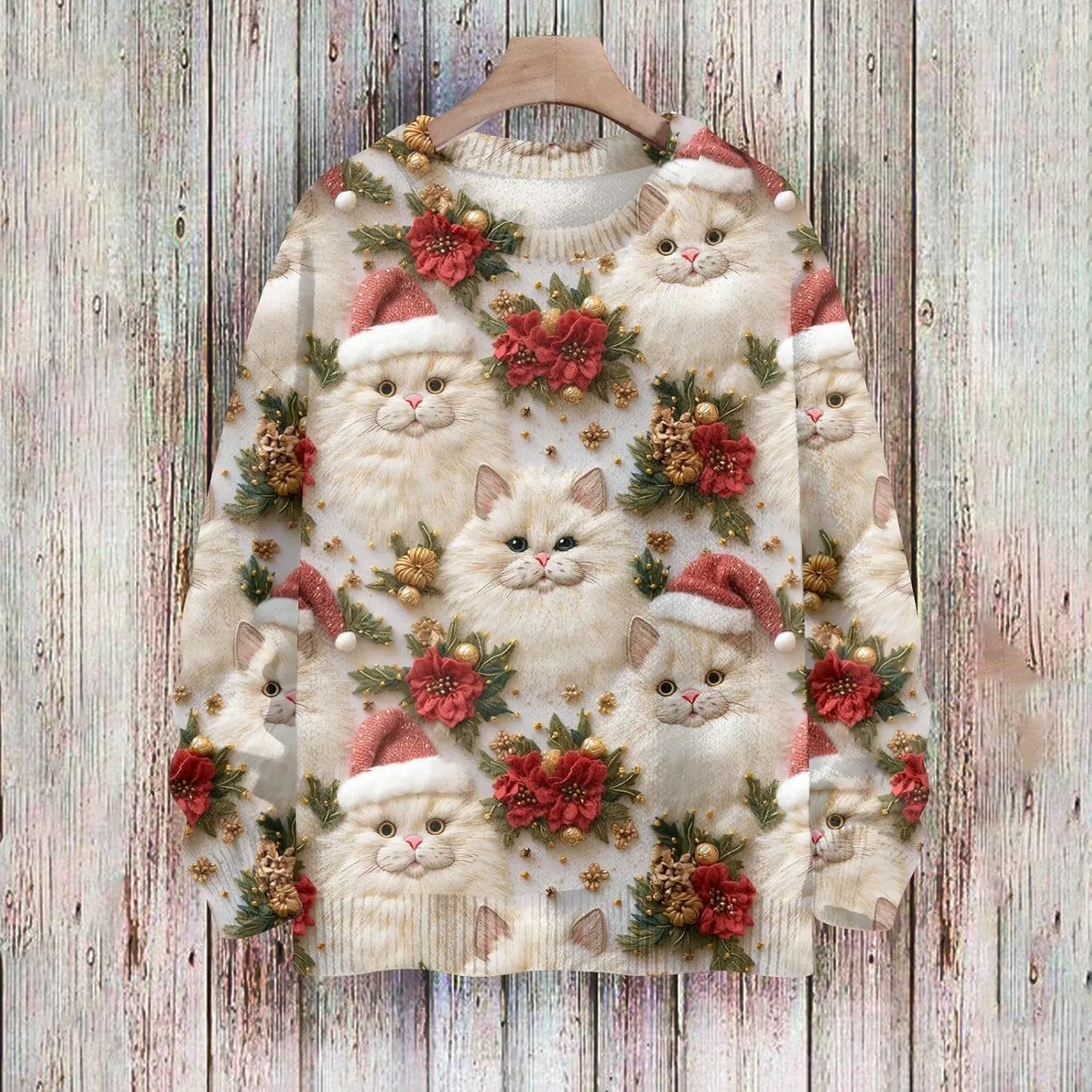Womens Christmas Knit Sweaters Holiday Crewneck Sweatshirts Xmas 3D Graphic Gnomes Santa Shirt Winter Long Sleeve Tops