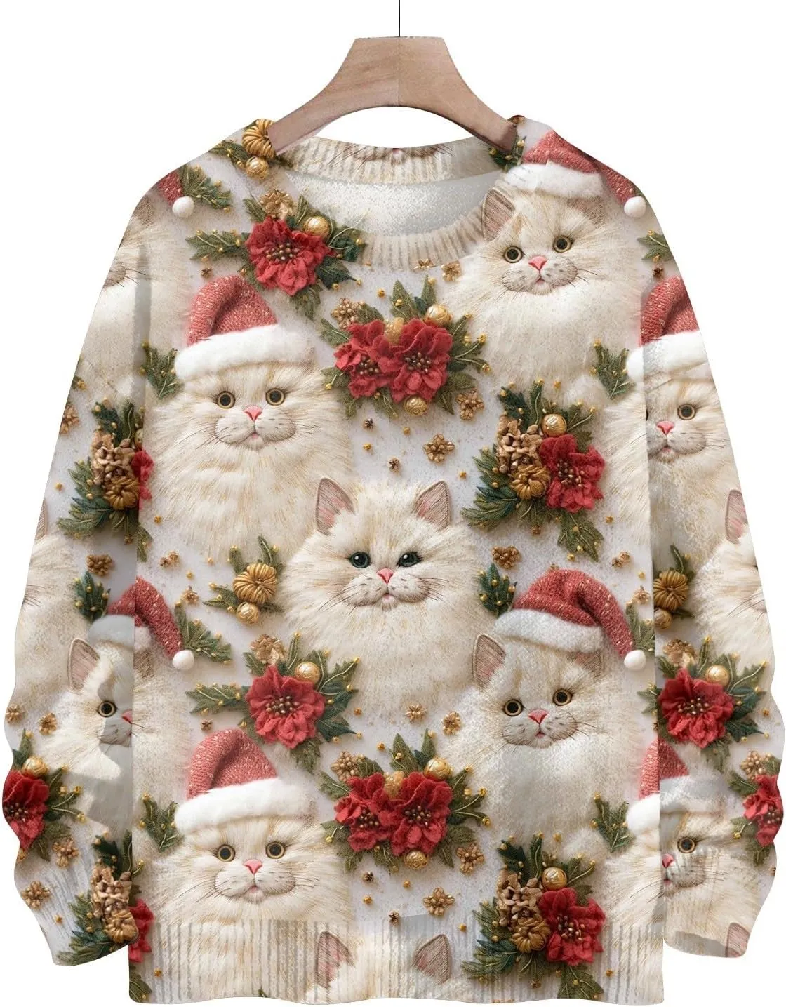 Womens Christmas Knit Sweaters Holiday Crewneck Sweatshirts Xmas 3D Graphic Gnomes Santa Shirt Winter Long Sleeve Tops