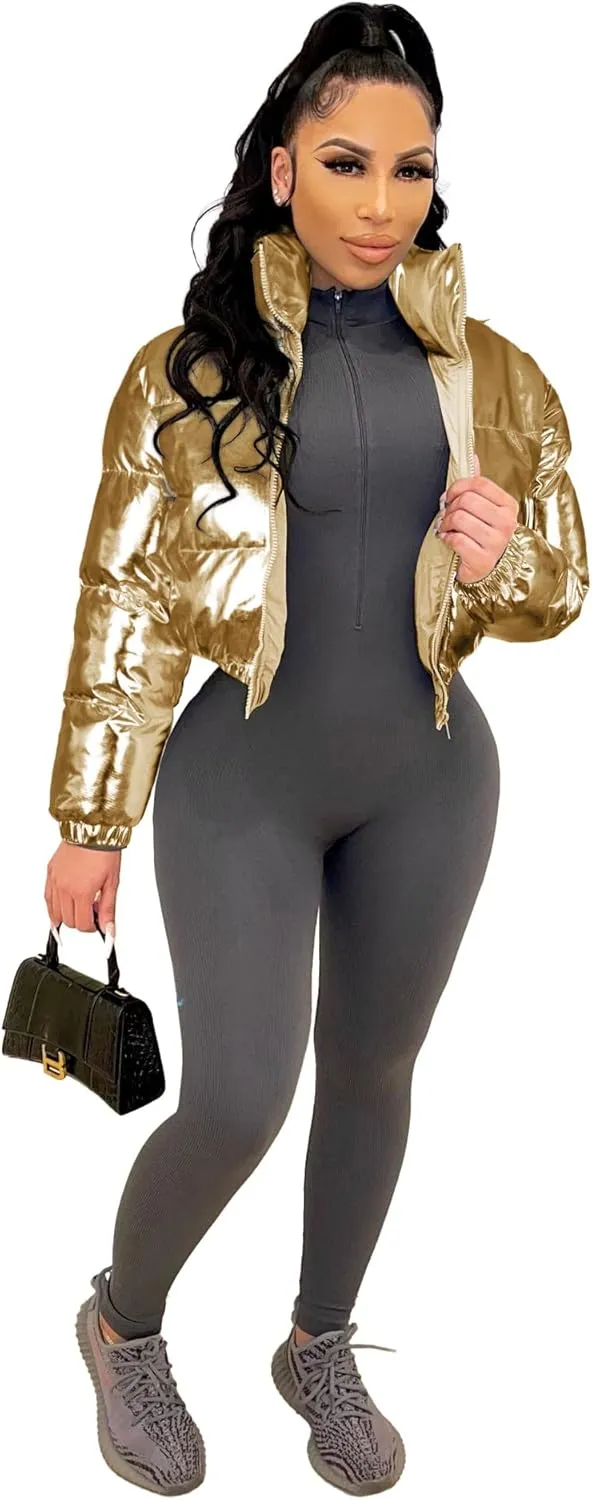 Women's Cropped Puffer Jacket Women Winter Shiny Zip Up Short Bubble Puffy Coats with pockets for women