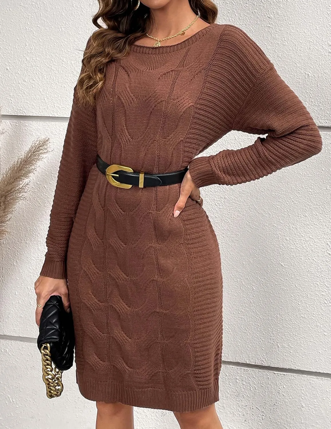 Women's Cute Cable Knit Midi Sweater Dress Fall 2024 Casual Lightweight Crewneck Sexy Off Shoulder Long Sleeve Dresses