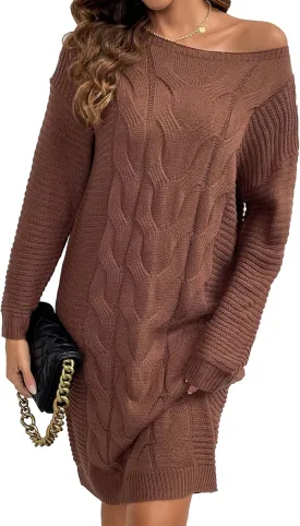 Women's Cute Cable Knit Midi Sweater Dress Fall 2024 Casual Lightweight Crewneck Sexy Off Shoulder Long Sleeve Dresses