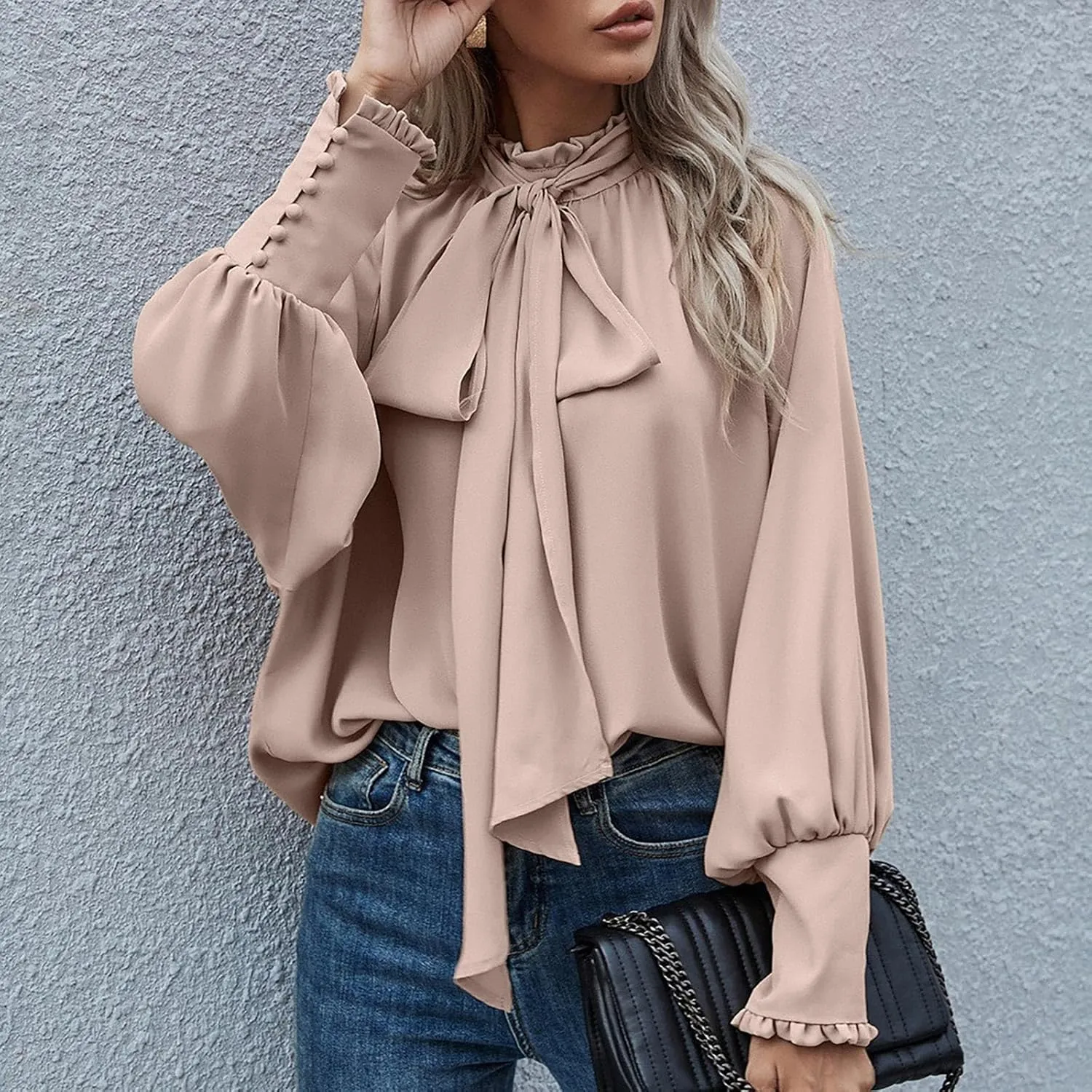 Womens Elegant Business Shirts Fashion Ruffle Button Long Sleeve Tops Bow Tie Mock Neck Tunic Work Office Blouse