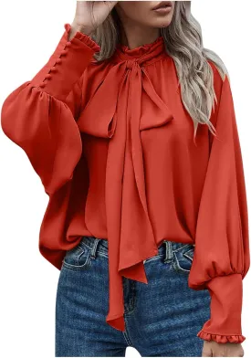Womens Elegant Business Shirts Fashion Ruffle Button Long Sleeve Tops Bow Tie Mock Neck Tunic Work Office Blouse