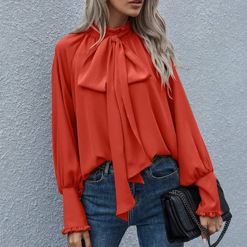 Womens Elegant Business Shirts Fashion Ruffle Button Long Sleeve Tops Bow Tie Mock Neck Tunic Work Office Blouse