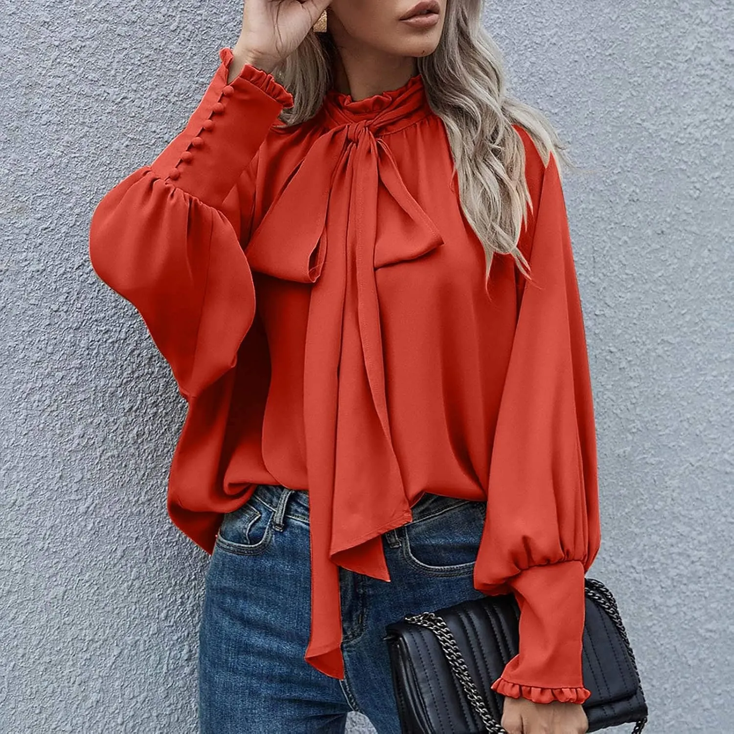 Womens Elegant Business Shirts Fashion Ruffle Button Long Sleeve Tops Bow Tie Mock Neck Tunic Work Office Blouse