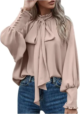 Womens Elegant Business Shirts Fashion Ruffle Button Long Sleeve Tops Bow Tie Mock Neck Tunic Work Office Blouse