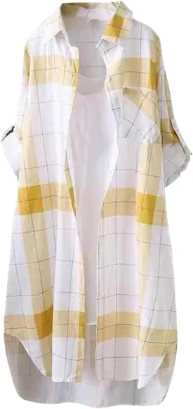 Womens Oversized Button Down Plaid Shacket Shirt with Pockets Roll Up Long Sleeve Casual Boyfriend Tunic Blouse Top