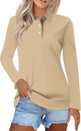 Women's Polo Shirts Long Sleeve Golf T Shirt Button Solid Color Quick Dry Lightweight Athletic Tennis Shirts