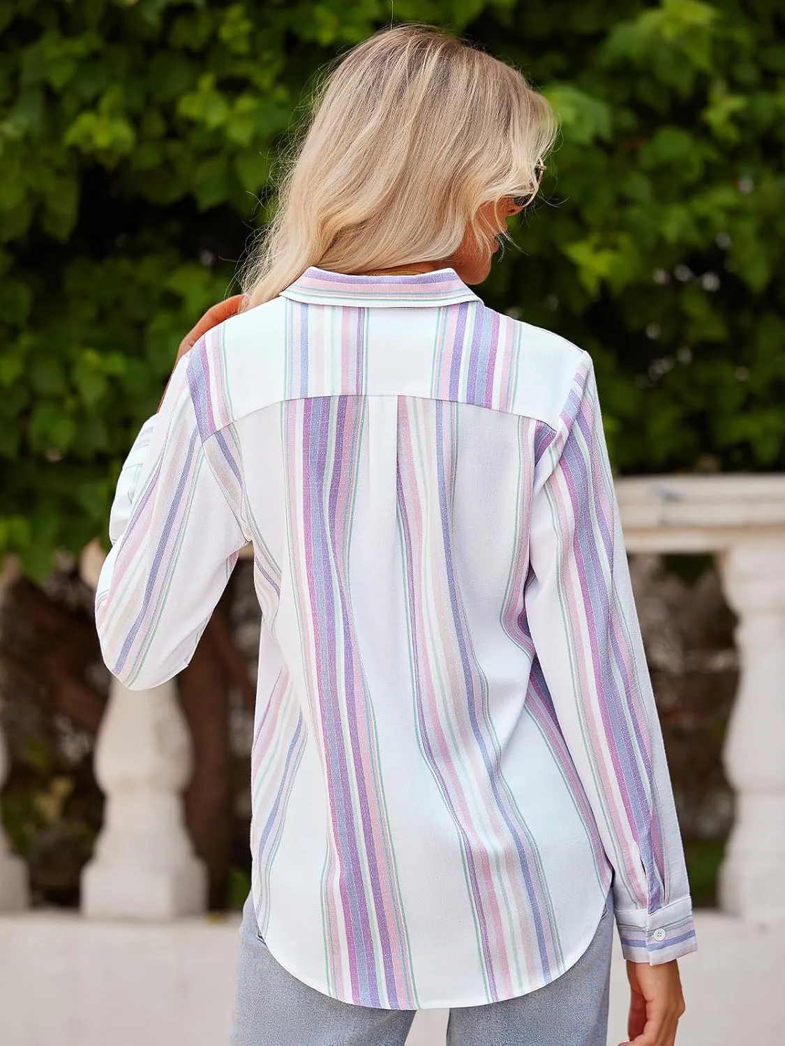 Women's Striped Button Down Shirts Linen Shirts Long Sleeve Collared Blouses Boyfriends Loose Tunics Tops