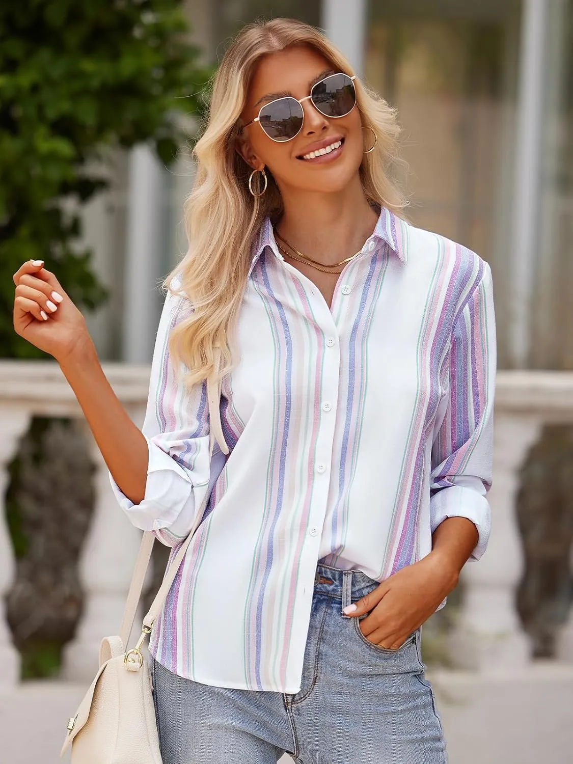 Women's Striped Button Down Shirts Linen Shirts Long Sleeve Collared Blouses Boyfriends Loose Tunics Tops