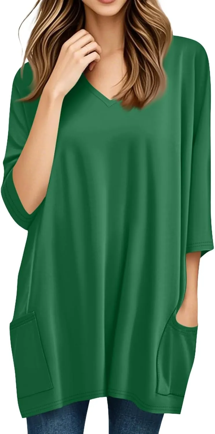 Womens Tunics To Wear With Leggings Summer 3/4 Length Sleeve V Neck Tshirts With Pockets Long Blouses Dressy Casual