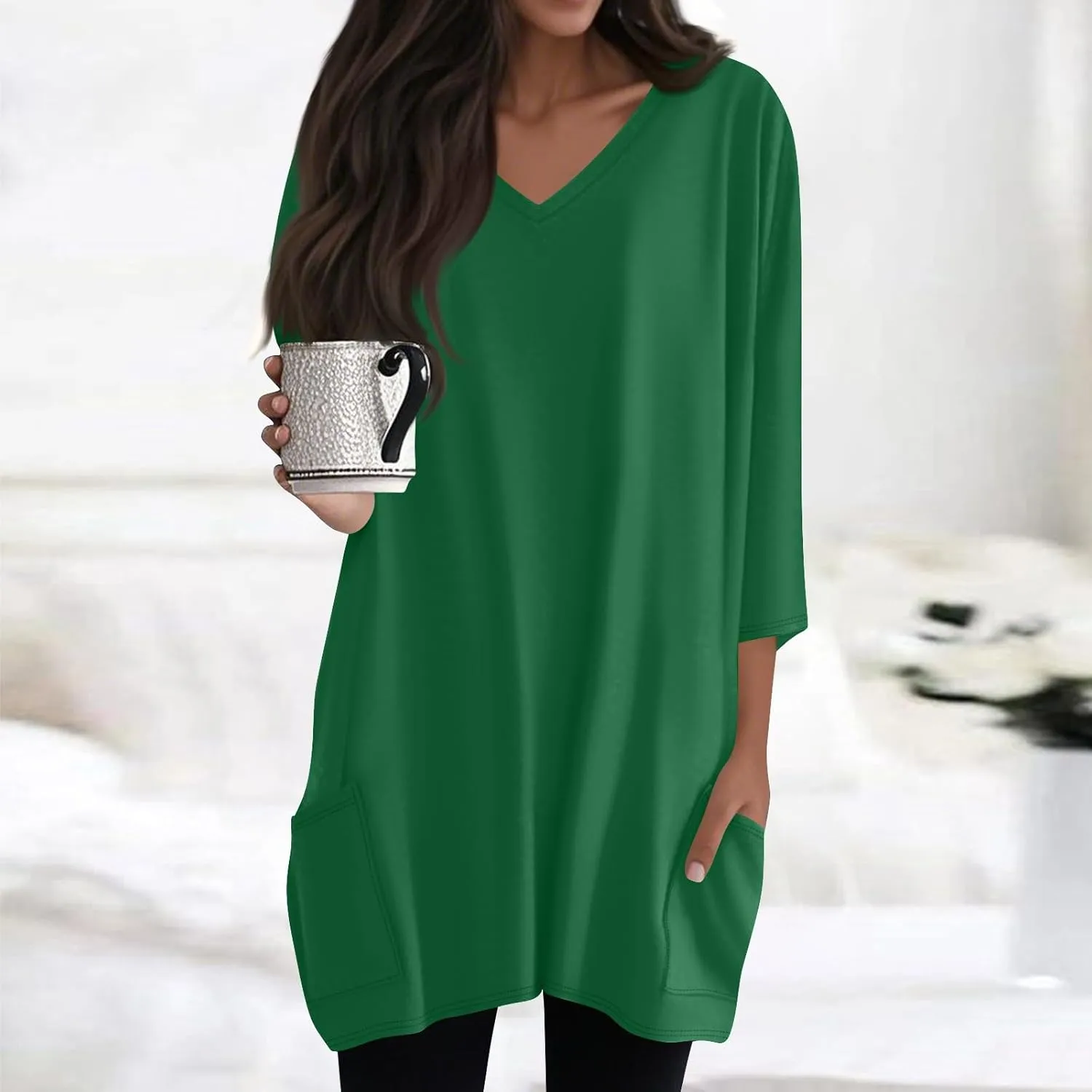 Womens Tunics To Wear With Leggings Summer 3/4 Length Sleeve V Neck Tshirts With Pockets Long Blouses Dressy Casual