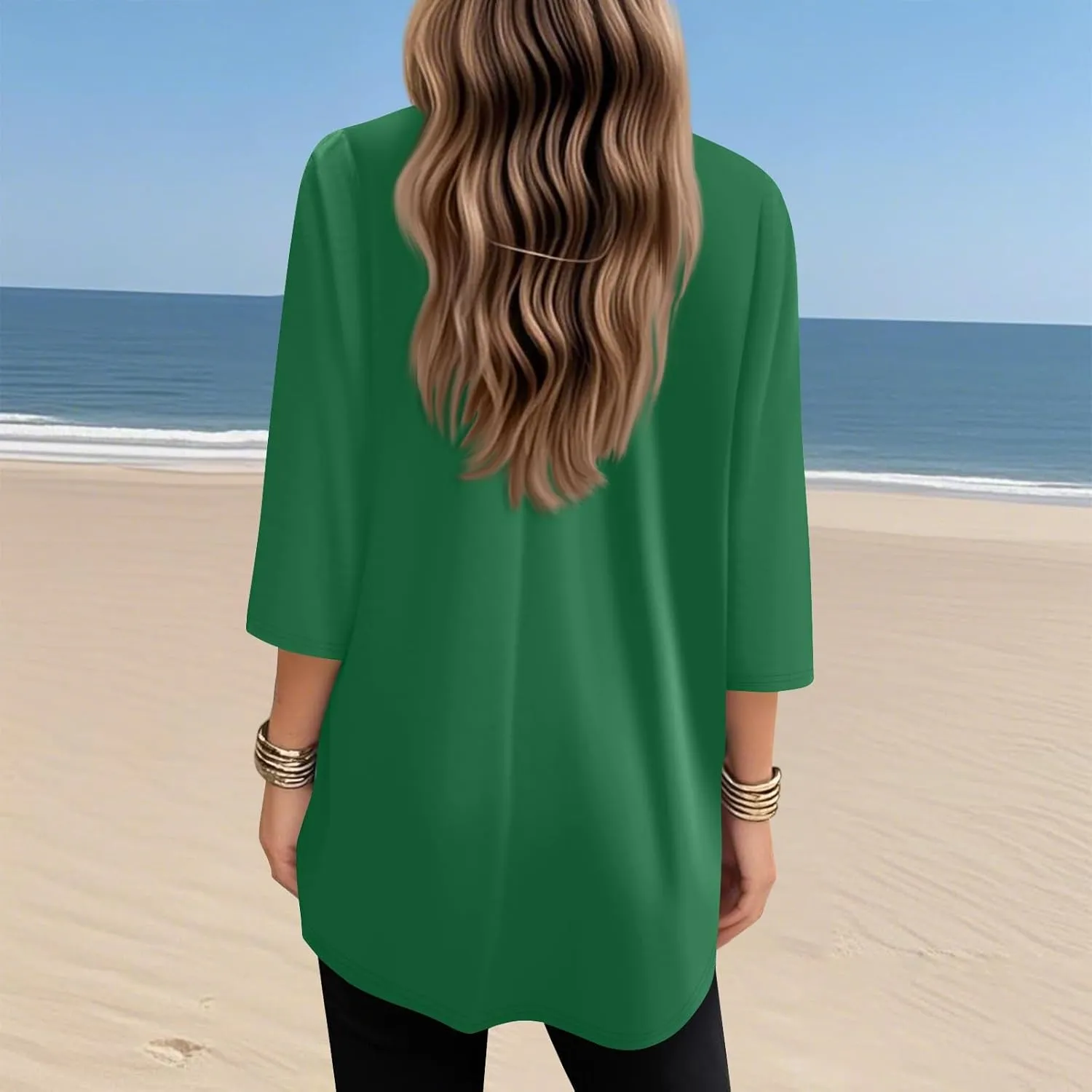 Womens Tunics To Wear With Leggings Summer 3/4 Length Sleeve V Neck Tshirts With Pockets Long Blouses Dressy Casual