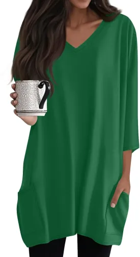 Womens Tunics To Wear With Leggings Summer 3/4 Length Sleeve V Neck Tshirts With Pockets Long Blouses Dressy Casual