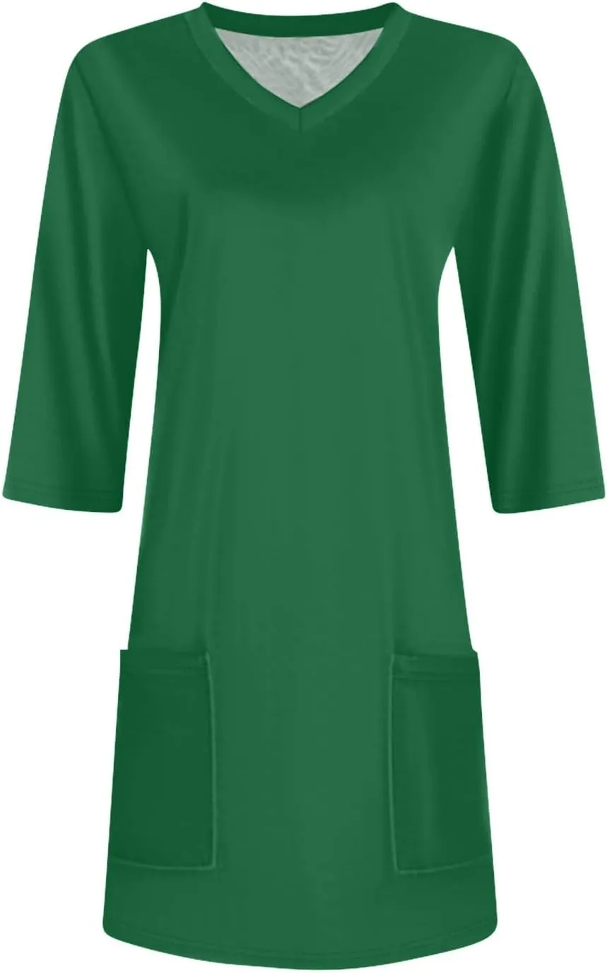 Womens Tunics To Wear With Leggings Summer 3/4 Length Sleeve V Neck Tshirts With Pockets Long Blouses Dressy Casual
