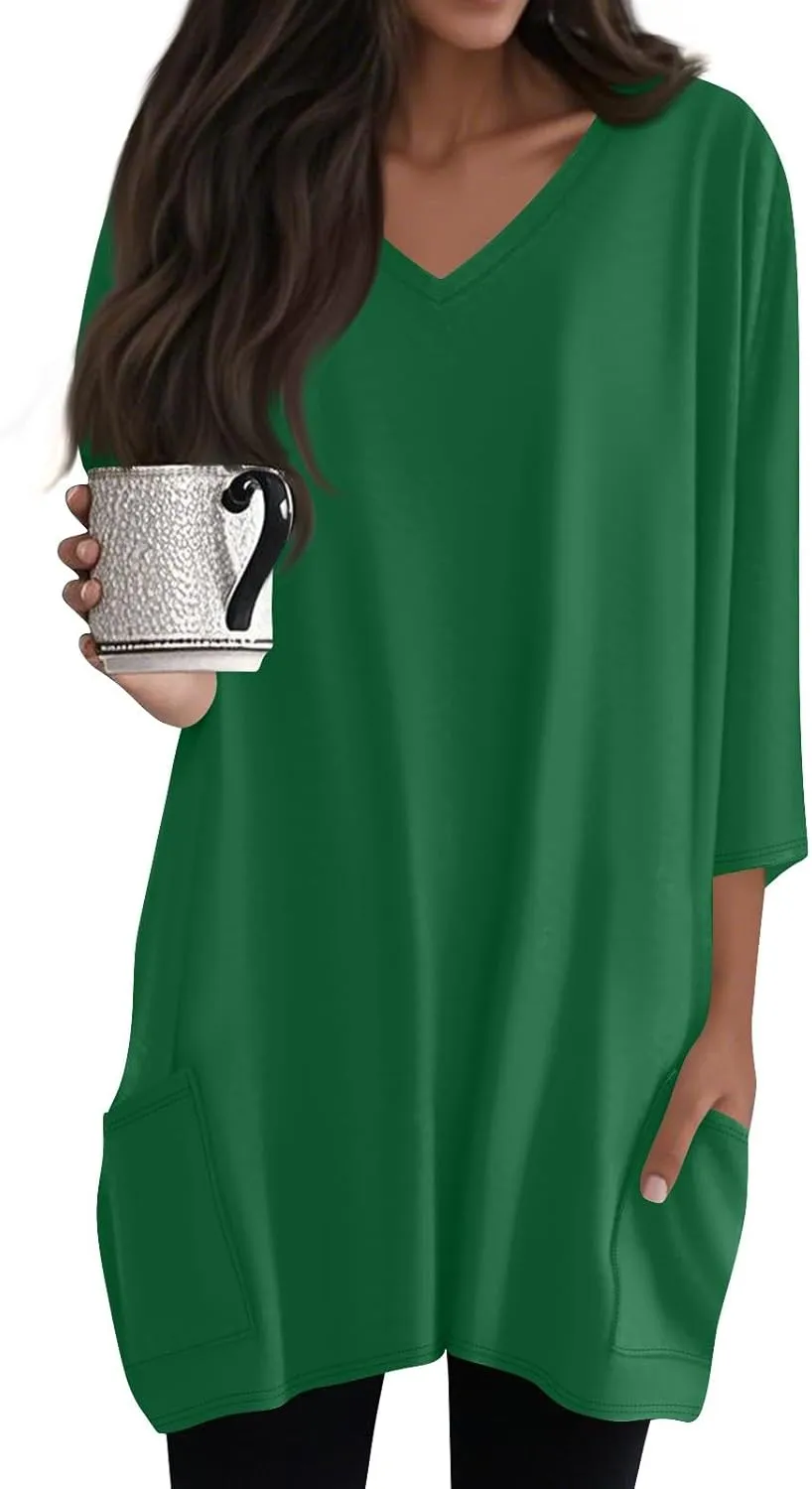 Womens Tunics To Wear With Leggings Summer 3/4 Length Sleeve V Neck Tshirts With Pockets Long Blouses Dressy Casual