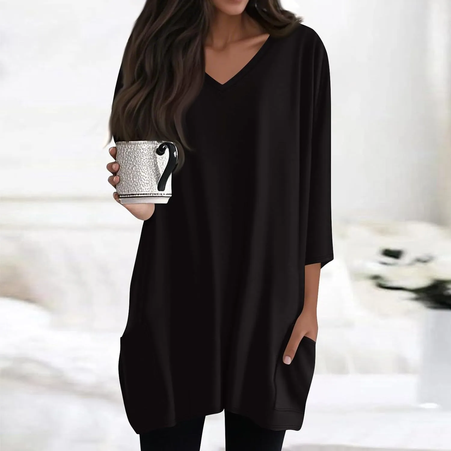 Womens Tunics To Wear With Leggings Summer 3/4 Length Sleeve V Neck Tshirts With Pockets Long Blouses Dressy Casual